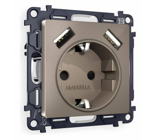 Розетка с заземлением и со шторкой и 2хUSB type A, без рамки Ambrella Volt Quant MA639010