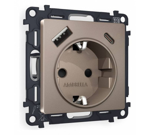 Розетка с заземлением и 2хUSB type A и C, без рамки Ambrella Volt Quant MA640010