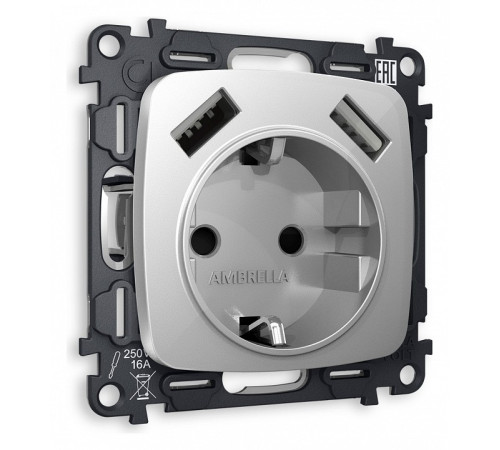 Розетка с заземлением и 2хUSB type A, без рамки Ambrella Volt Quant MO409010