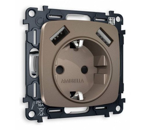 Розетка с заземлением и 2хUSB type A, без рамки Ambrella Volt Quant MO639010