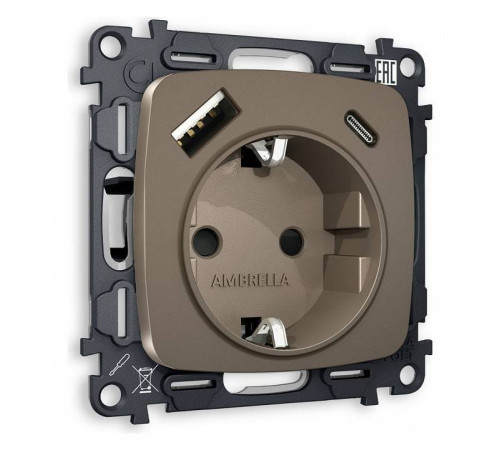Розетка с заземлением и 2хUSB type A и C, без рамки Ambrella Volt Quant MO640010