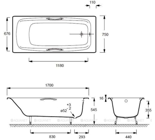 Ванна чугунная Jacob Delafon Diapason 170x75 см с отверстиями для ручек E2926-00