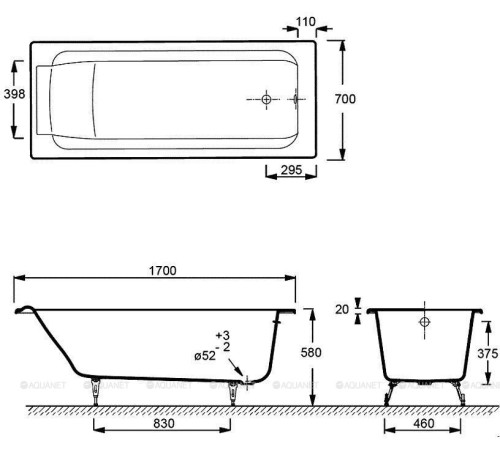 Ванна чугунная Jacob Delafon Parallel 170x70 см без отверстий для ручек E2947-00