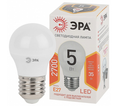 Лампа светодиодная Эра Стандарт LED P45-5W-827-E27