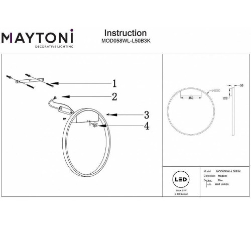 Настенный светильник Maytoni Rim 50 Вт 3000K черный MOD058WL-L50B3K