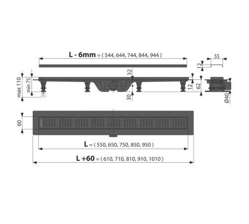 Водоотводящий желоб AlcaPlast APZ10 850 мм черный матовый APZ10BLACK-850M