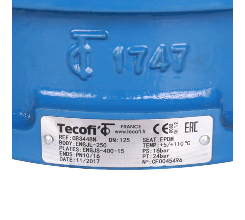 Обратный клапан двухстворчатый Tecofi CB3448N-EP0125 чугунный Ду 125 Ру 16 CB3448N-EP0125