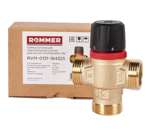 Клапан термостатический смесительный ROMMER 1 НР 20-43 °С Kvs 1.6 боковое смешивание RVM-0131-164325