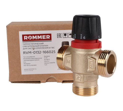 Клапан термостатический смесительный ROMMER 1 НР 35-60 °С Kvs 1.6 боковое смешивание RVM-0132-166025