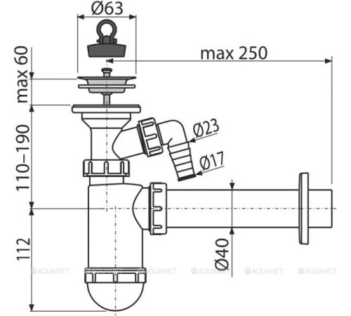 Сифон для умывальника AlcaPlast Ø40 мм со штуцером и решеткой DN63 A41P