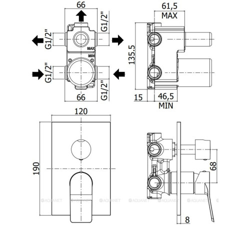 Смеситель встраиваемый для душа Paffoni TILT на 3 выхода металлическая накладка 120х190 мм сталь TI019ST/M