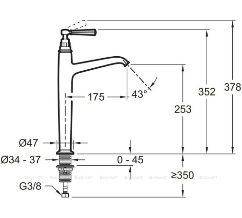 Смеситель для раковины высокий Jacob Delafon Cleo 1889 без донного клапана глянцевое золото E24309-BGG