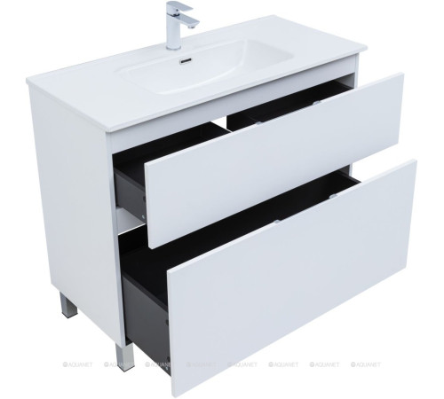 Тумба с раковиной Aquanet Алвита new 100 (Flat) напольная 2 ящика белый матовый 00345671
