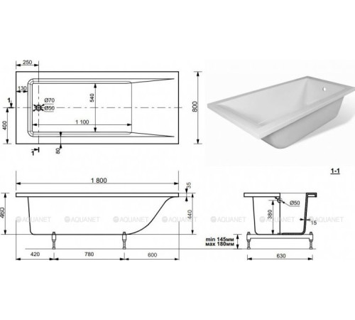 Ванна прямоугольная Aquanet BRIGHT STONE 1800х800 мм 00332885