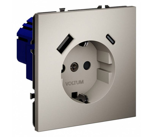 Розетка с заземлением и со шторкой и 2хUSB type A и C, без рамки Voltum S70 VLS040503