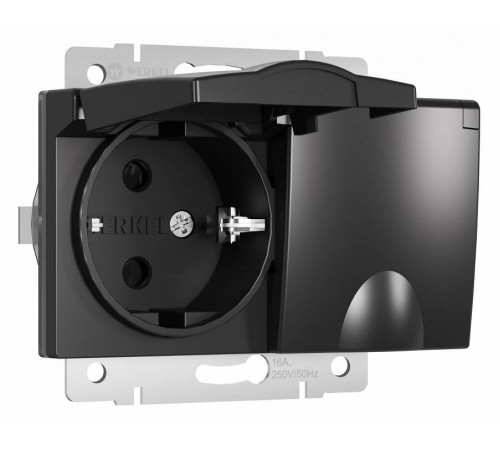 Розетка двойная влагозащищенная с заземлением и с шторками, без рамки с крышкой Werkel черные W1172208