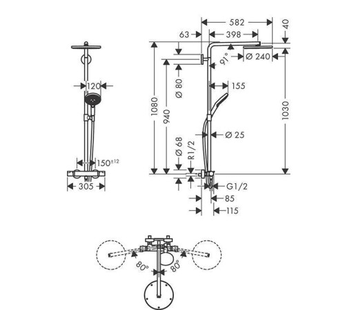 Душевая стойка с термостатом Hansgrohe Raindance S 240 1jet черный матовый 27633670