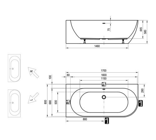 Ванна Ravak Freedom Corner P 170х80 см пристенная белая XC00100040