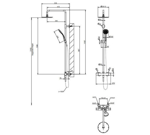 Душевая система Gessi Emporio с верхним душем, термостатом, штангой, шлангом и ручным душем Black XL 35181-299