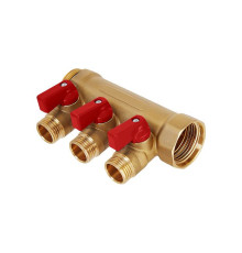 Коллектор латунный никелированный Hoobs 3/4х3х1/2 EK с шаровыми кранами 3 выхода красные ручки HB-6200R6H0504R3A