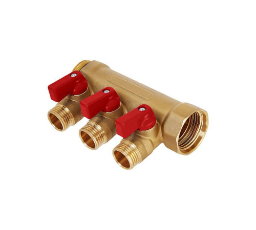 Коллектор латунный никелированный Hoobs 3/4х3х1/2 EK с шаровыми кранами 3 выхода красные ручки HB-6200R6H0504R3A