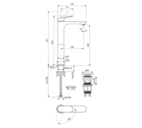 Смеситель для раковины Ideal Standard Ceralife O 24 см BlueStart с донным клапаном хром BE013AA