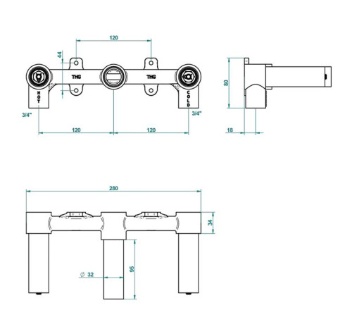 Встраиваемая часть настенного смесителя на 3 отверстия THG cross handle G00-A00-40AC