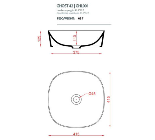 Раковина накладная Artceram Ghost 42 см без отверстия белая GHL001 01 00