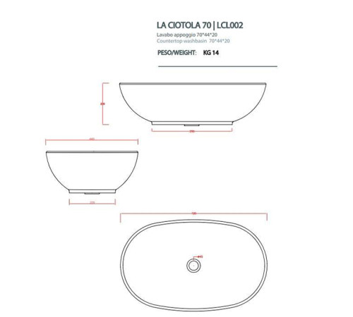 Раковина накладная Artceram La Ciotola 70х44 см без отверстия белый LCL002 01 00