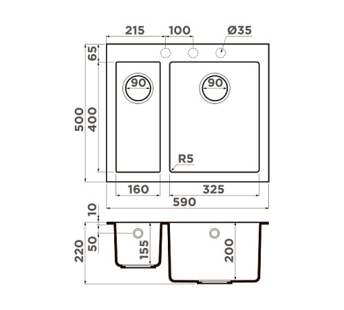 Кухонная мойка Omoikiri Bosen 59-2-CH Tetogranit 59 x 50 см шампань 4993245