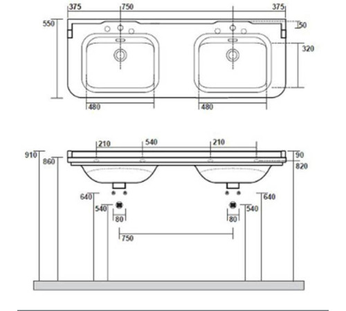 Раковина Kerasan Waldorf 150х55 см двойная 1 отверстие керамическая белый/хром 4143K1