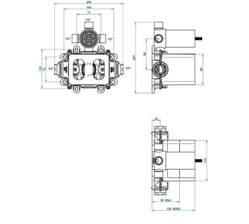 Термостат THG 3/4 60 л/мин с восковым картриджем на 3 выхода G00-A00-5600AE