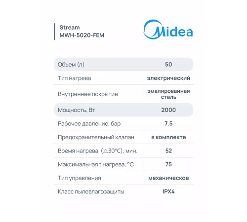 Водонагреватель накопительный электрический Midea Stream 50 л MWH-5020-FEM
