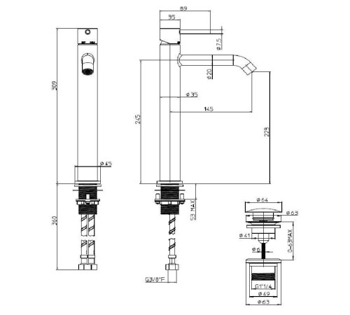 Смеситель для раковины высокий Bossini Teo с донным клапаном, черный матовый Z00703.073
