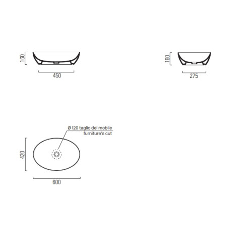 Раковина-чаша накладная GSI Pura 600x420 мм Cenere Matte 884217
