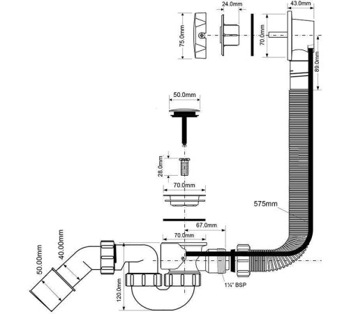 Слив-перелив для ванны McAlpine полуавтомат L575 мм хром MRB2CB-PB