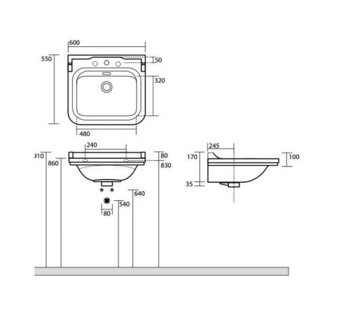 Раковина Kerasan Waldorf 60х55 см 3 отверстия керамическая белый/золото 4140K1/811391oro