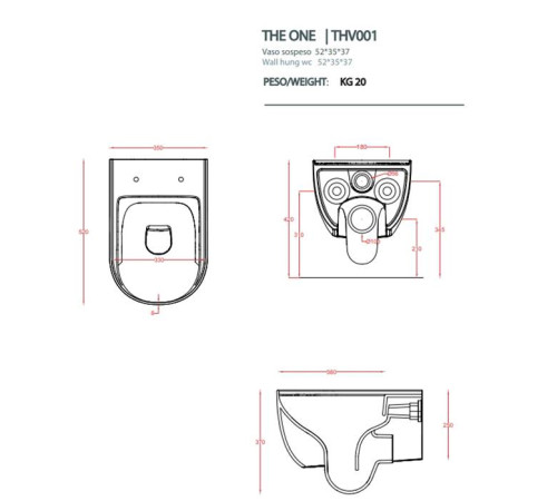 Унитаз подвесной Artceram THE ONE безободковый 52х35 см белый THV001 01 00