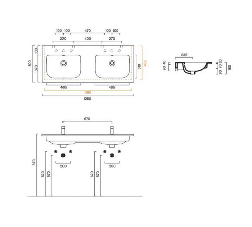 Раковина двойная Catalano Italy 125х50 см без отверстия 0721270001