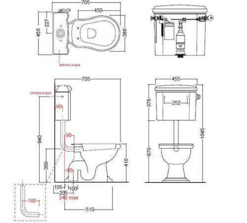 Унитаз приставной Kerasan Retro 72х38.5 см с низким бачком слив в стену белый/бронза 107201/101101/760393/757093/757193