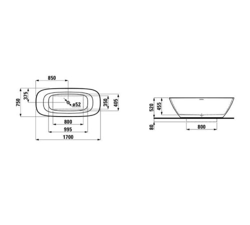 Ванна отдельностоящая Laufen INO 170x75x52 см со сливом-переливом композит белая 2.3130.2.000.000.1