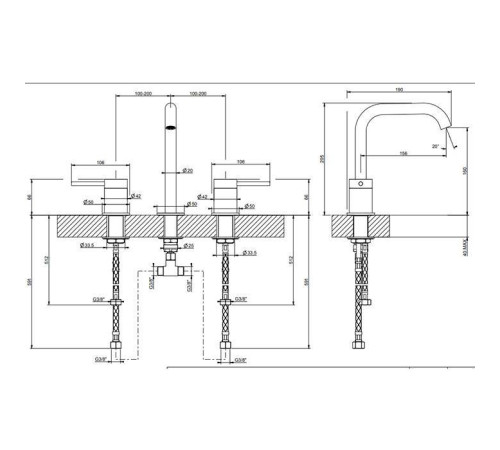 Смеситель для раковины Gessi 316 на 3 отверстия без донного клапана h 201 мм излив 156 мм Brushed Black Metal PVD 54012#707