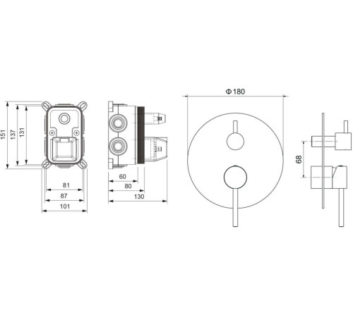 Смеситель для ванны встраиваемый Aquanet Европа 3 режима внешняя и скрытая часть хром AQ1347CR