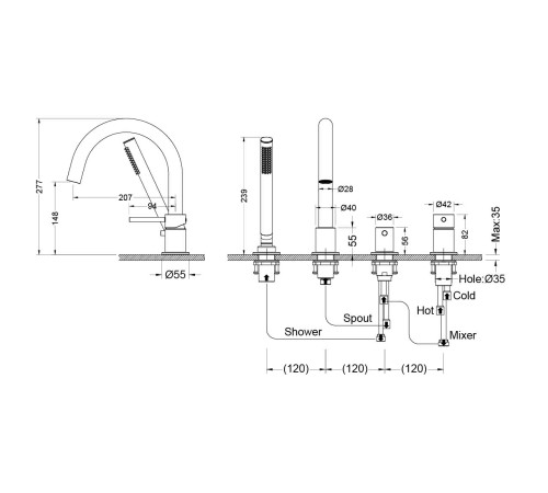 Смеситель на борт ванны Aquanet Европа на 4 отверстия оружейная сталь AQ1348BGM