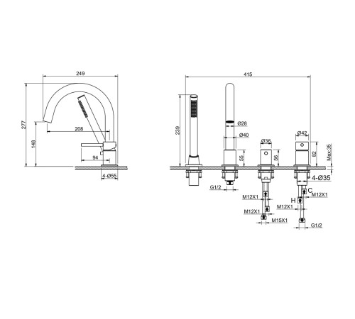 Смеситель на борт ванны Aquanet Европа на 4 отверстия оружейная сталь AQ1348BGM