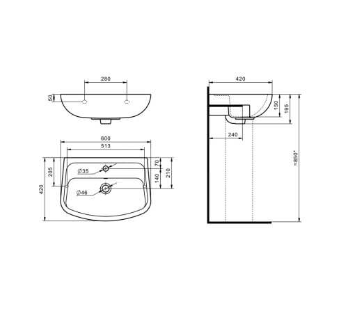 Умывальник Santek Лонги 60 см 1 отверстие 1.WH50.1.756