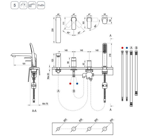 Смеситель для ванны врезной каскадный RAVAK Flat FL 026.20 черный X070176