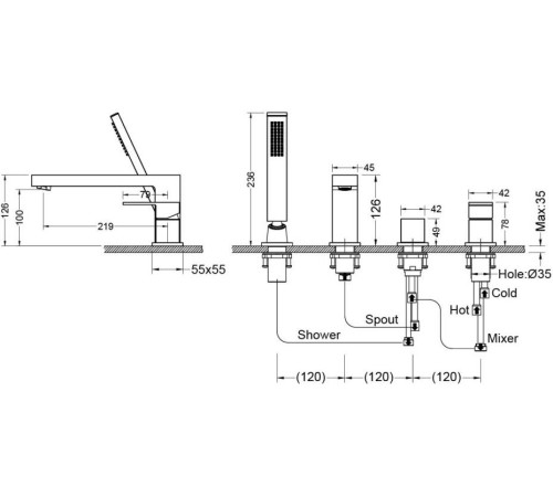 Смеситель на борт ванны Aquanet Libra на 4 отверстия черный матовый AQ1648MB