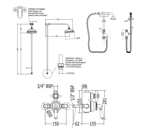 Душевая стойка с термостатическим смесителем Devon&Devon верхний душ 20 см бронза MARK618BR / MARM74BR / MARK3183BR