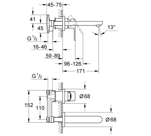 Смеситель для раковины Grohe BauEdge на 2 отверстия настенный хром 20474001